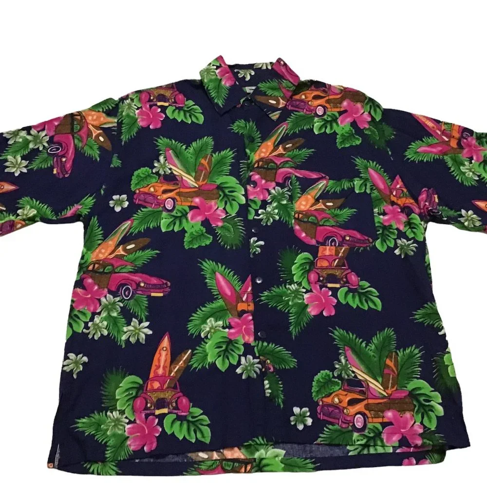 Hawaiian Shirt 100% Rayon Mens Sz M Old Cars Surf Boards Tropical All Over Print
